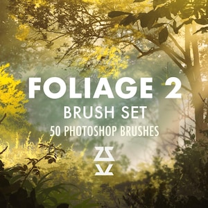 Könnte beinhalten: Ein Set mit 50 Photoshop-Pinseln zum Erstellen von Blattwerk-Effekten. Das Bild zeigt eine üppige Waldszene mit Sonnenlicht, das durch die Bäume fällt. Der Text "Foliage 2 Brush Set 50 Photoshop Brushes" ist in Weiß vor einem verschwommenen Hintergrund dargestellt.