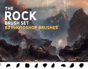 May include: A set of 63 Photoshop brushes for creating realistic rock formations. The brushes are shown in black and white against a white background. The image also shows a fantasy landscape with rocky mountains and a misty sky.