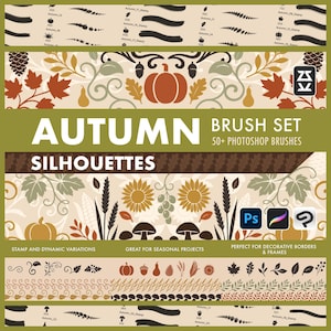 May include: A digital brush set with an autumn theme, featuring over 50 Photoshop brushes. The design includes fall silhouettes such as pumpkins, leaves, and sunflowers. Ideal for creating decorative borders and frames for seasonal projects.