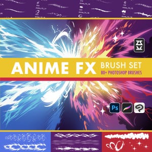 Op de afbeelding: Een digitale kunstafbeelding met een dynamische explosie van blauwe, gele en roze kleuren. De tekst "ANIME FX BRUSH SET 80+ PHOTOSHOP BRUSHES" staat op een gele banner. Photoshop- en Procreate-pictogrammen zijn ook zichtbaar.