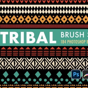 May include: A set of 184 tribal-inspired Photoshop brushes. The image features a colorful pattern of geometric shapes and symbols, including triangles, diamonds, and zigzags. The text "TRIBAL BRUSH SET 184 PHOTOSHOP BRUSHES" is displayed in white against a teal background.