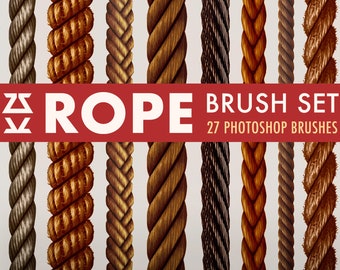 Op de afbeelding: Een set van 27 Photoshop-penseelvormen met verschillende touwstijlen, waaronder dik, dun, gevlochten en textuur. De penseelvormen zijn ontworpen om realistische touweffecten te creëren in digitale kunst.