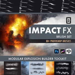 Może przedstawiać: Grafika cyfrowa z tekstem "IMPACT FX BRUSH SET" i "80+ PHOTOSHOP BRUSHES". Obraz przedstawia ognistą eksplozję i efekty dymu, z "Modular Explosion Builder Toolkit" na dole.