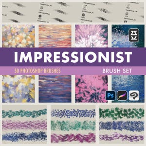 Op de afbeelding: Een digitale penseelset met een paarse banner met de tekst "IMPRESSIONIST" en "50 PHOTOSHOP BRUSHES BRUSH SET". De afbeelding toont verschillende voorbeelden van penseelstreken in verschillende kleuren en texturen, geschikt voor digitaal schilderen.