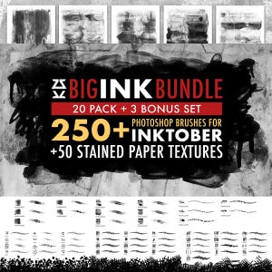 Puede incluir: Un paquete de arte digital con texturas de tinta y pinceles de Photoshop. La imagen muestra trazos de pincel de tinta negra, salpicaduras y texturas. El texto dice "BIG INK BUNDLE", "20 PACK + 3 BONUS SET" y "250+ Photoshop Brushes for Inktober + 50 Stained Paper Textures".