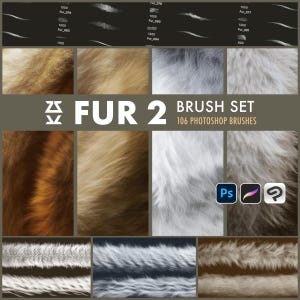 Pode incluir: Um conjunto de pincéis de arte digital intitulado "FUR 2" com 106 pincéis do Photoshop. A imagem mostra várias texturas de pele em tons de castanho, branco e cinzento, com exemplos de pinceladas e ícones de software.