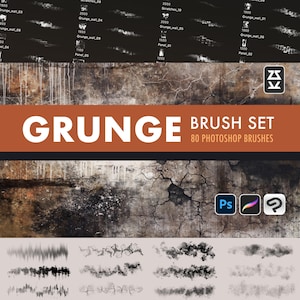 May include: A digital art brush set with a grunge theme. The image features the word "GRUNGE" in large white letters, with "BRUSH SET" and "80 PHOTOSHOP BRUSHES" below. The background has a textured, distressed appearance, with various brush stroke samples.
