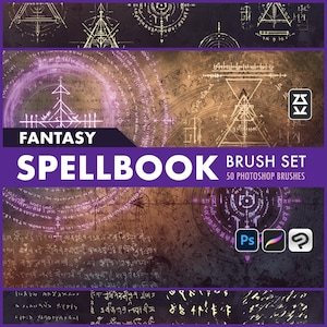 May include: A digital art brush set with a fantasy theme, labelled "Spellbook". The image shows a dark purple banner with "Fantasy Spellbook" in white and purple. The background features ancient script and geometric shapes.