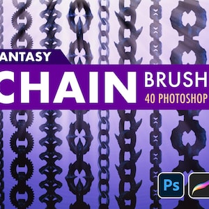 Puede incluir: Un conjunto de 40 pinceles de Photoshop con varios diseños de cadenas. Los pinceles son en blanco y negro y tienen un tema de fantasía. El texto "Fantasy Chain Brush Set" se muestra en un fondo morado.
