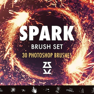May include: A digital graphic featuring a circular swirl of bright orange and yellow sparks against a dark purple background. The text reads SPARK BRUSH SET 30 PHOTOSHOP BRUSHES with a small geometric logo below the text and brush samples.