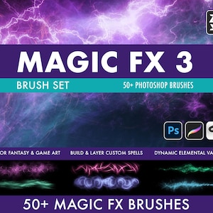 Op de afbeelding: Een digitale kunstpenseelset getiteld "MAGIC FX 3" met de tekst "BRUSH SET" en "50+ PHOTOSHOP BRUSHES". De afbeelding toont een paarse en blauwe achtergrond met voorbeelden van penseelstreken in verschillende kleuren. De onderkant van de afbeelding luidt "50+ MAGIC FX BRUSHES."
