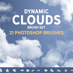 May include: A set of 21 Photoshop brushes for creating dynamic clouds. The brushes are shown in a row at the bottom of the image, with a blue sky and white clouds in the background. The text "DYNAMIC CLOUDS BRUSH SET 21 PHOTOSHOP BRUSHES" is displayed in the centre of the image.