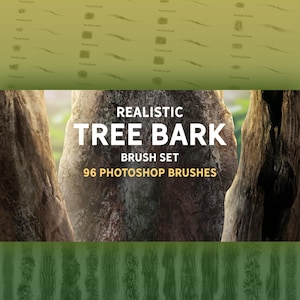 May include: A set of 96 realistic tree bark Photoshop brushes. The image shows a close-up of tree bark with a banner that reads "Realistic Tree Bark Brush Set 96 Photoshop Brushes".