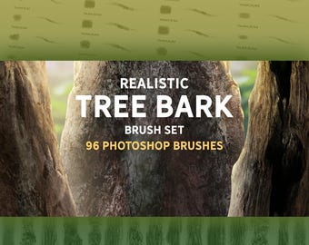 Puede incluir: Un conjunto de 96 pinceles realistas de corteza de árbol para Photoshop. La imagen muestra un primer plano de corteza de árbol con una pancarta que dice "Realistic Tree Bark Brush Set 96 Photoshop Brushes".