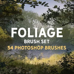 May include: An image of a forest scene with the text "FOLIAGE BRUSH SET" and "54 PHOTOSHOP BRUSHES" in white and gold lettering. The background is a blurred view of trees and foliage.