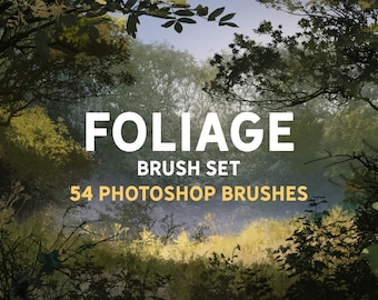Op de afbeelding: Een afbeelding van een boslandschap met de tekst "FOLIAGE BRUSH SET" en "54 PHOTOSHOP BRUSHES" in witte en gouden letters. De achtergrond is een wazig beeld van bomen en bladeren.