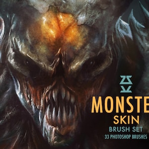 Peut inclure: Un ensemble de 33 brosses Photoshop pour créer des textures de peau de monstre. Les brosses sont conçues pour créer des peaux de monstre réalistes et détaillées, avec une variété d'écailles, de rides et d'autres textures. L'image montre un gros plan du visage d'un monstre, avec un œil orange brillant et des dents acérées.