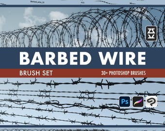 May include: A digital art brush set featuring various barbed wire designs. The image displays multiple barbed wire patterns, with the text "BARBED WIRE" and "BRUSH SET" prominently displayed. Includes 30+ Photoshop brushes.