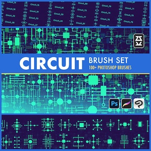 Puede incluir: Un conjunto de pinceles de arte digital con temática de circuitos. La imagen presenta un fondo azul con diseños de circuitos verdes y el texto "CIRCUIT BRUSH SET 100+ PHOTOSHOP BRUSHES". Incluye iconos de Photoshop y otros programas.