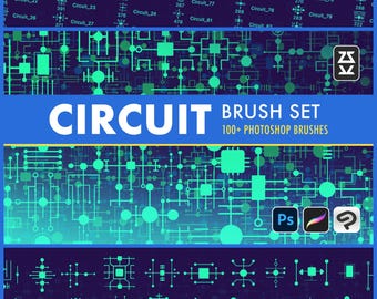 May include: A digital art brush set with a circuit board theme. The image features a blue background with green circuit designs and the text "CIRCUIT BRUSH SET 100+ PHOTOSHOP BRUSHES". Includes Photoshop and other software icons.