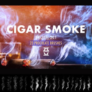 May include: An image featuring the text "CIGAR SMOKE BRUSH SET 23 PROCREATE BRUSHES". The image shows lit cigars with smoke plumes against a gradient background of orange and blue. Below are 23 brush stroke illustrations.