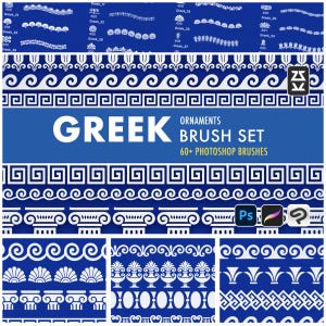 Könnte beinhalten: Blau-weiße Grafik mit einer Sammlung griechischer Ornamentpinsel. Der Text "GREEK ORNAMENTS BRUSH SET" ist zu sehen. Das Bild zeigt verschiedene dekorative Bordürendesigns, darunter Wellenmuster und geometrische Formen.