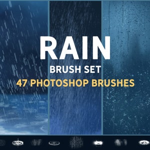 Op de afbeelding: Een set van 47 Photoshop-penseel met verschillende regeneffecten. De penseel omvatten regendruppels, plassen en regenstrepen. De tekst "RAIN BRUSH SET" en "47 PHOTOSHOP BRUSHES" wordt weergegeven in geel op een blauwe achtergrond.