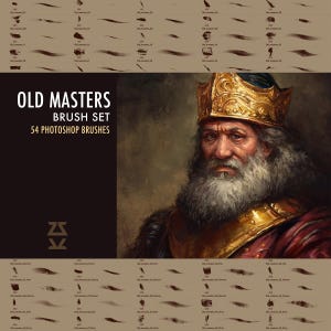 Op de afbeelding: Een digitaal kunstproduct met een penseelset voor Photoshop. De afbeelding toont een portret van een koning met een gouden kroon en een lange witte baard. De tekst luidt "OLD MASTERS BRUSH SET 54 PHOTOSHOP BRUSHES".