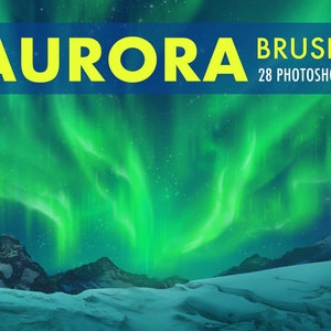 May include: A set of 28 Photoshop brushes featuring the Aurora Borealis, a vibrant green and blue light display in the night sky above snow-capped mountains.