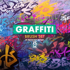 May include: A colorful digital illustration of graffiti art with a teal banner that reads "Graffiti Brush Set 39 Photoshop Brushes".