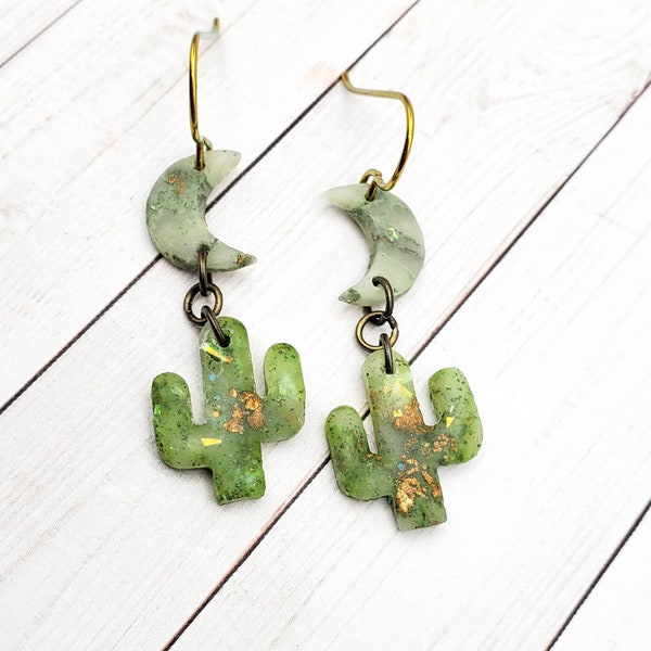 Cactus Dangle Earrings,Crescent Moon Earrings,Green and Gold Earrings,Christmas Gift for Girl Best Friend,Desert Jewelry,Cactus accessories