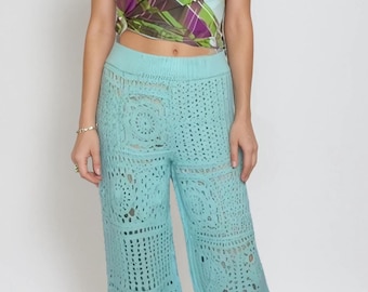 Pantalones harén turquesa - Pantalones de abuela tejidos a crochet - Pantalones paracaídas de cintura alta