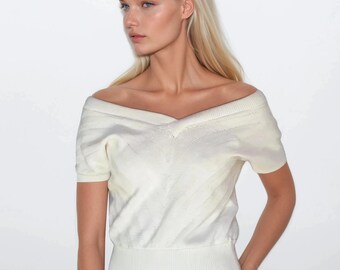 Marilyn Monroe V-Ausschnitt Top Schulterfrei Pullover Weiß Iconic