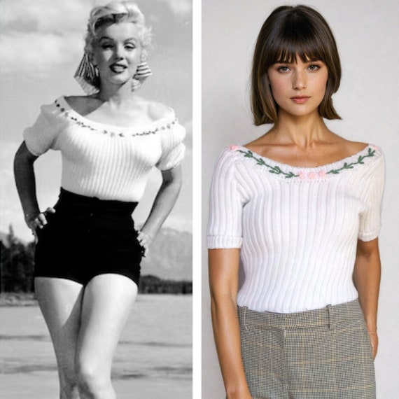 Marilyn Monroe Crop Top Short Sleeve Sweater White Ribbed