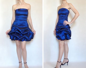 Strapless puff mini dress Bubble skirt dress Blue strapless dress Off shoulder gown Vintage prom 90s Small size