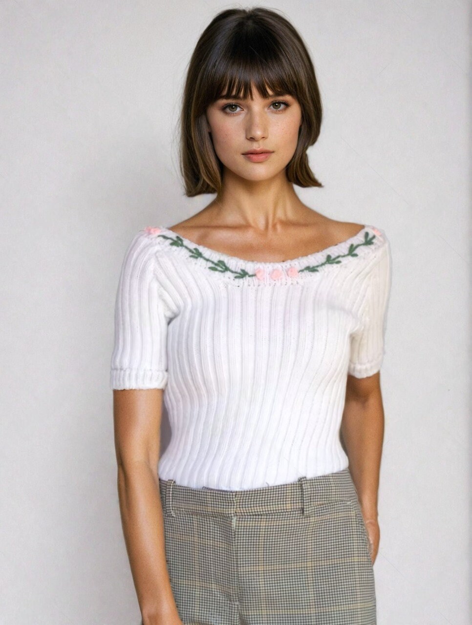 Marilyn Monroe Crop Top Short Sleeve Sweater White Ribbed