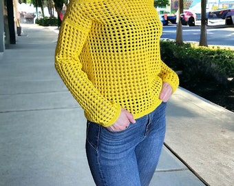 SUNNY DAY Pull jaune printanier en tricot fait main à manches longues pour femme Pull en tricot Haut en tricot