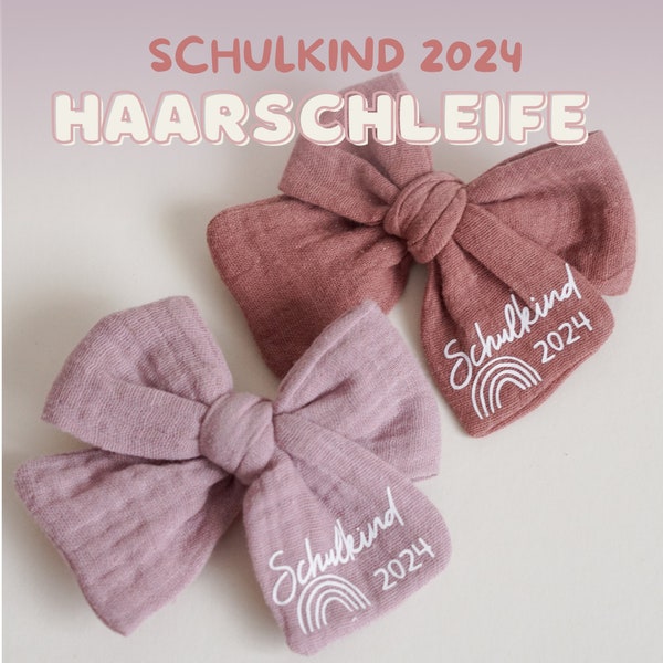 Große Haarschleife zur Einschulung für Mädchen - Haarspange aus Musselin mit Schriftzug Schulkind 2024