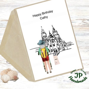Tarjeta de cumpleaños personalizada para mujer Camino Pilgrim Hiker, hecha a pedido descarga digital