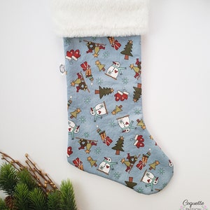 Cotton Christmas stocking, reusable, child, holidays, gift, ornament, decoration, tiles, chalet, tree (White Christmas model)