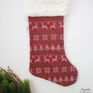 Cotton Christmas stocking, reusable, child, holidays, gift, ornament, decoration, tiles, chalet, tree (Le Tricotté Model)