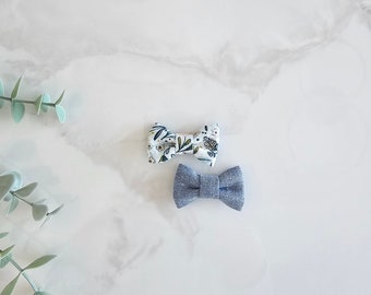 Mini hair bows in simple fabrics - duo or unit (white daisy, blue linen, spring, vintage, boho, bohemian)