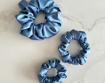 A blue satin hair scrunchie three formats (spring, pastel, boho)