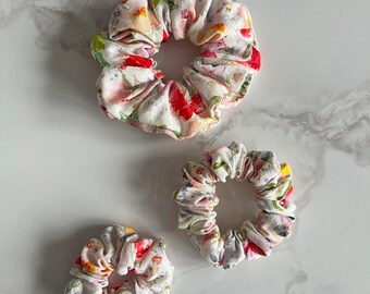 A floral linen hair scrunchie three formats (spring, flowers, pastel, pink, white, boho)