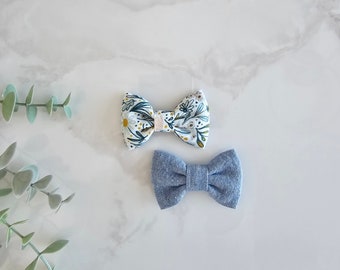 ONE standard bow for fabric hair (spring, white daisy, blue linen, spring, vintage, boho, bohemian)