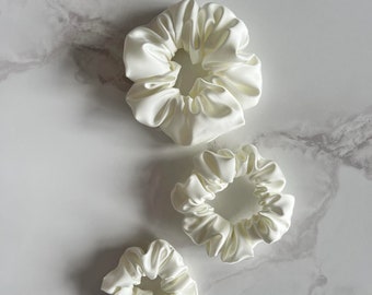 A white satin hair scrunchie three formats (spring, pastel, boho)
