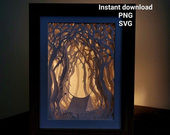 Forest Paper Light Box, 3D Paper Shadow box light, Forest Night Light, 3D Fantasy Paper Light Box, SVG Files, Papercut Light box template