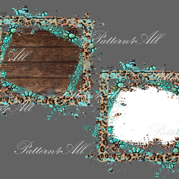 Tooled Leather and Turquoise Leopard Frame, Wood Background Frame, Turquoise tooled leather Frames PNG,Turquoise Rustic Cowhide Frame Png