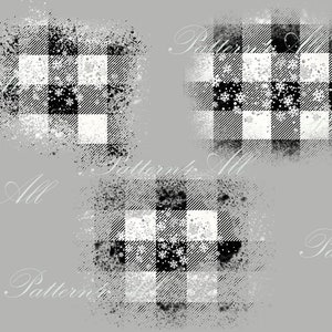 Könnte beinhalten: Drei schwarz-weiße Gingham-Muster mit einem abgenutzten, verblassten und gesprenkelten Effekt. Die Muster sind auf einem grauen Hintergrund.