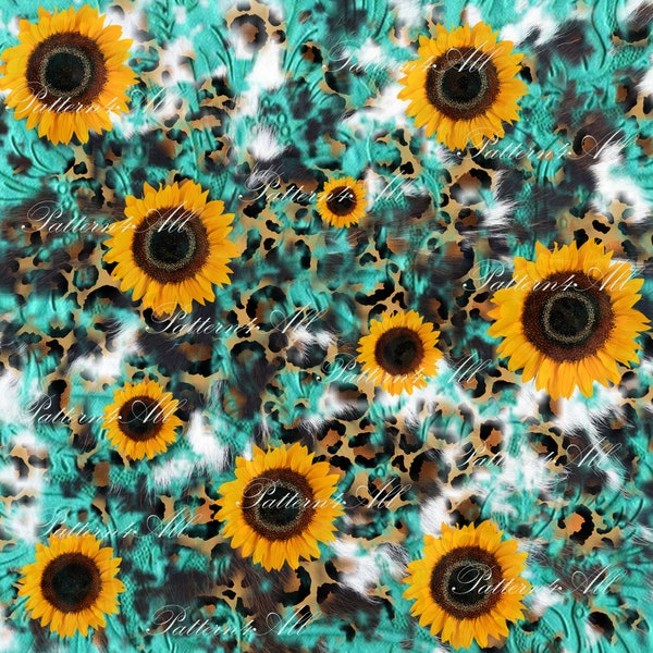 Digital Pattern Sunflower and Turquoise tooled leather Background Png,Leopard,Cowhide Sublimation,Sunflower Png,Cowhide Background Png,